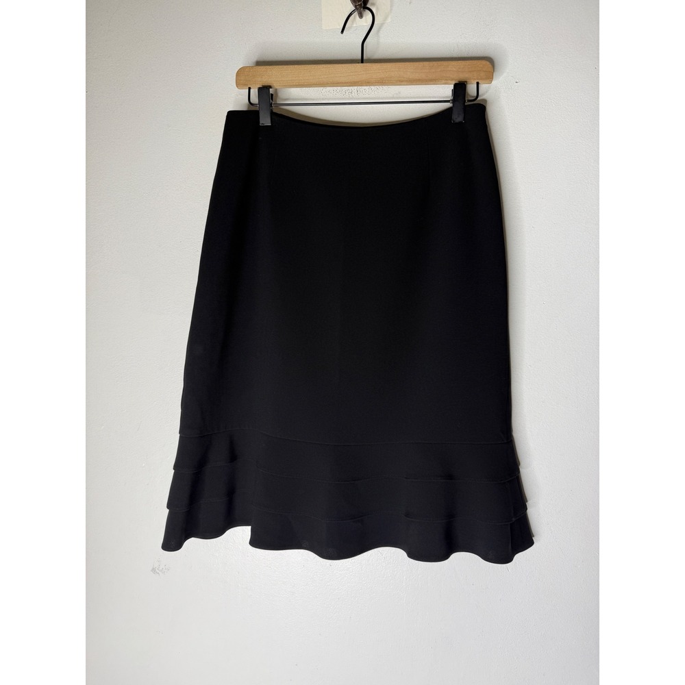 Ann Taylor Black Tiered Ruffle Hem Midi Skirt Size 6 Side Zip Lined Professional